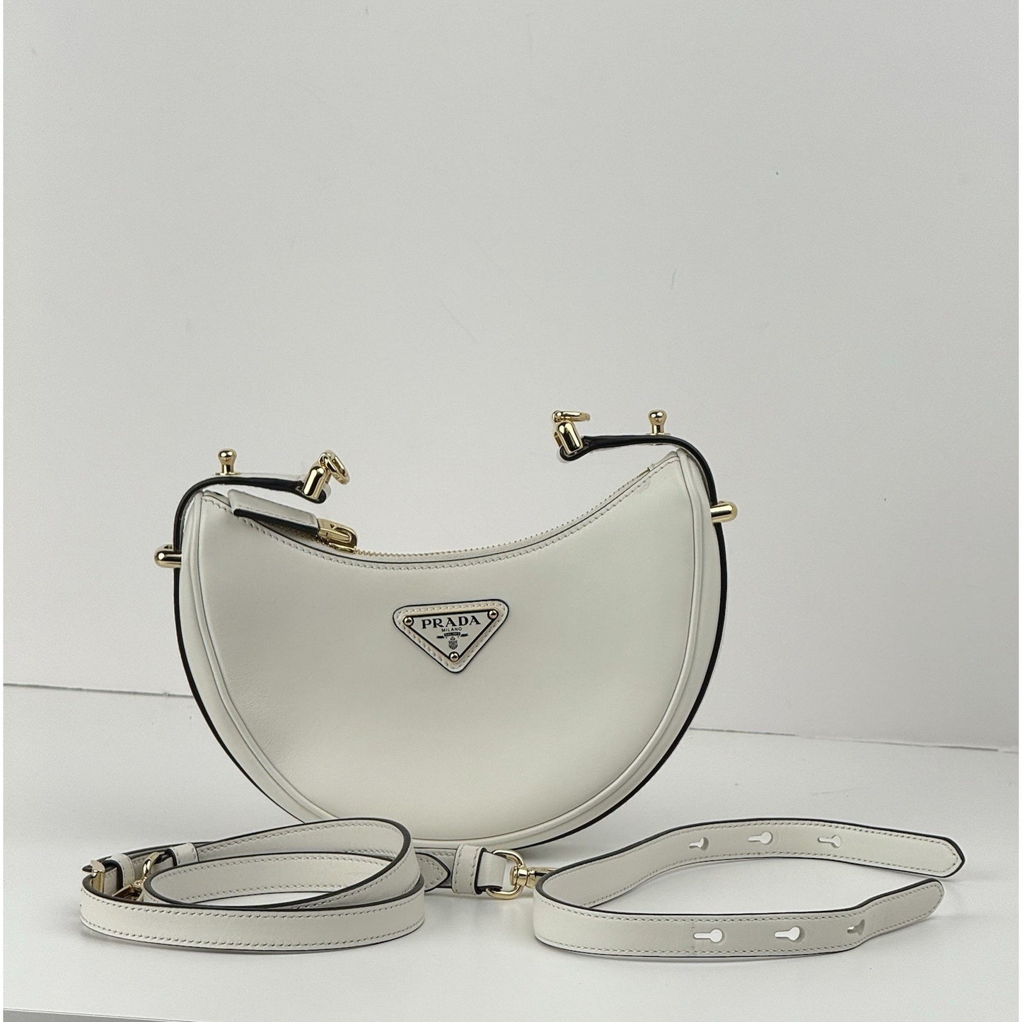 Prada Arque White Leather Shoulder Bag With Strap
