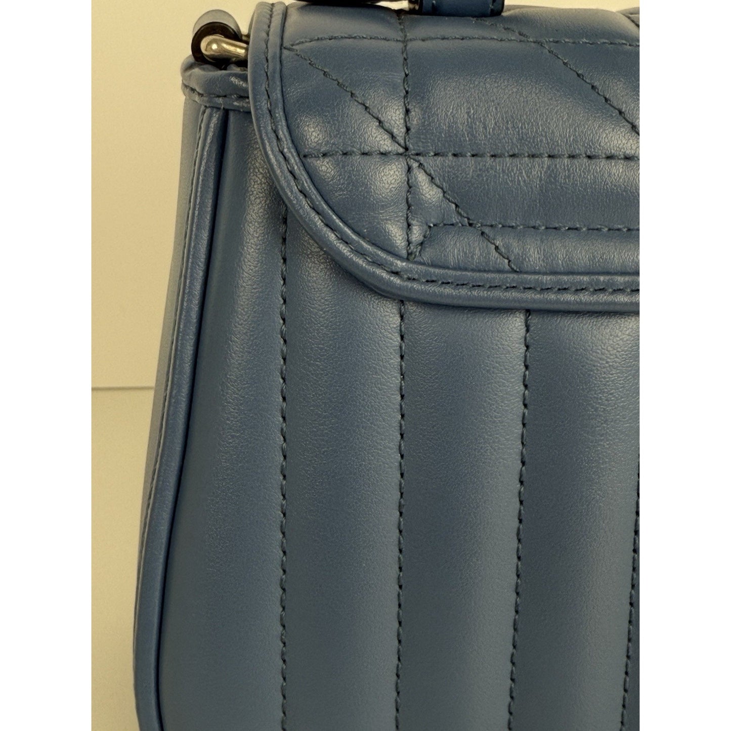 Gucci Double G Blue Leather Matelasse Aria Marmont Mini Top Handle Women's Bag