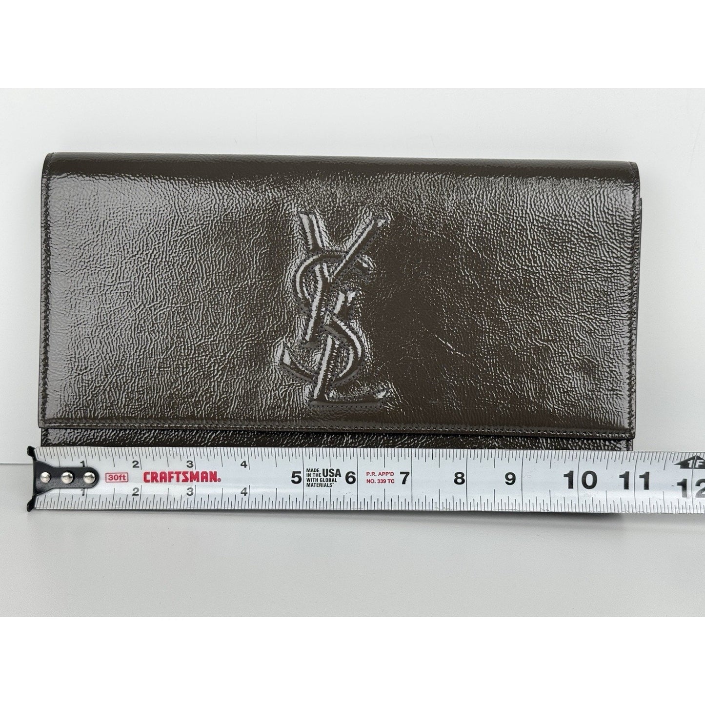 Saint Laurent Belle De Jour Patent Leather Flap Clutch Khaki w Gold Hardware C-6