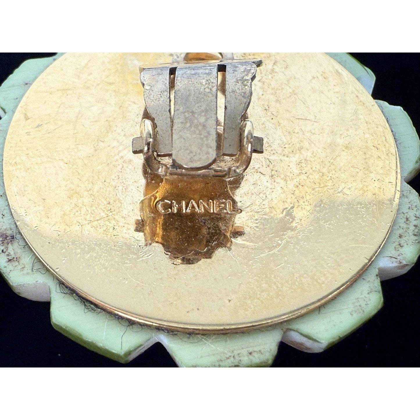 Chanel Vintage Gold Tone Clover Green Enamel Clip On Earrings