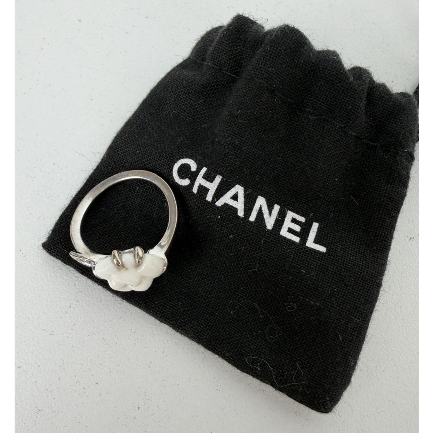 Chanel Camellia Agate Diamond Ring Size 5 in 18k White Gold