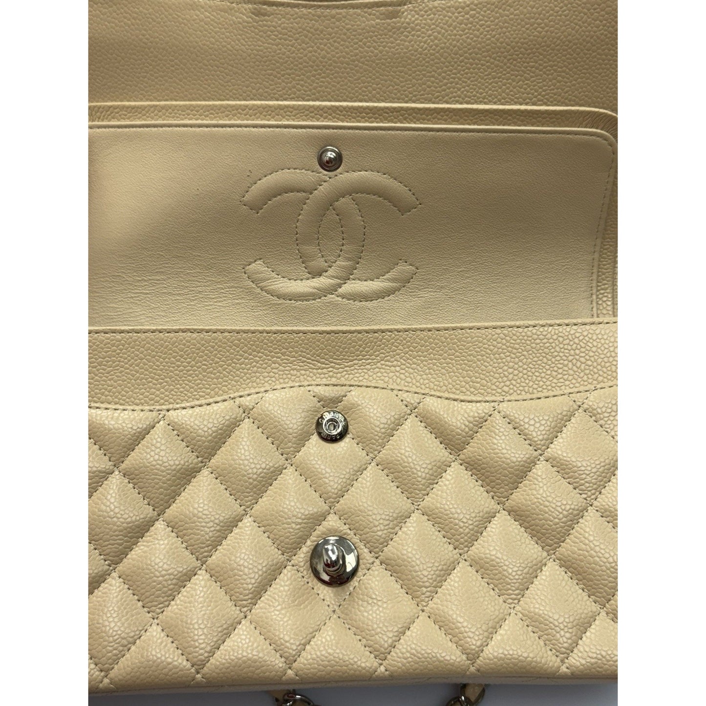 CHANEL Medium Classic Double Flap Beige Caviar Leather Shoulder Bag 2012-2013