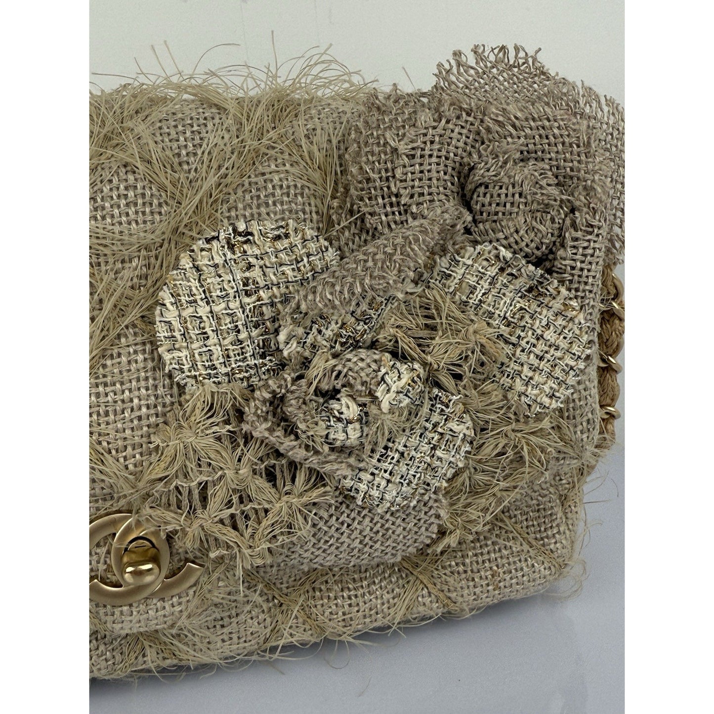 CHANEL Taupe Linen Quilted Camelia Straw Jute Raffia Medium Flap Shoulder Bag