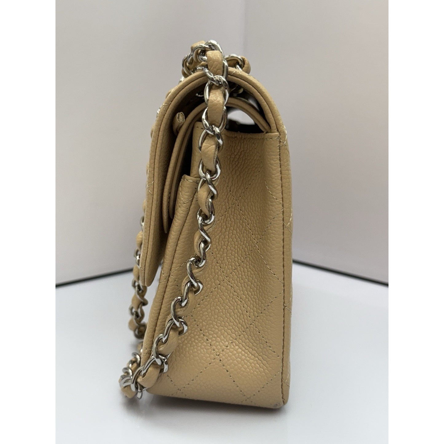 CHANEL Medium Classic Double Flap Beige Caviar Leather Shoulder Bag 2012-2013