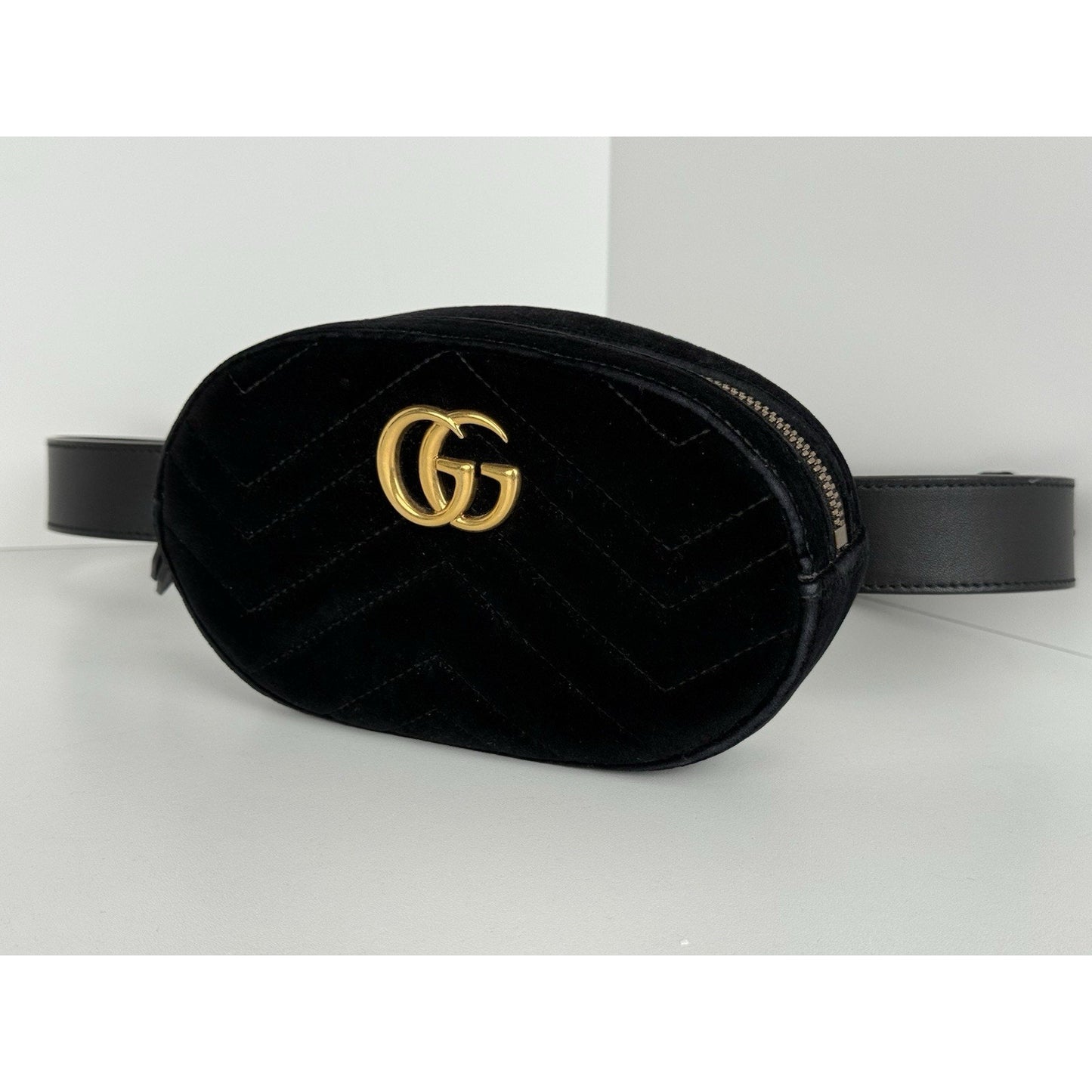 Gucci GG Marmont Oval Black Velvet Belt Bag