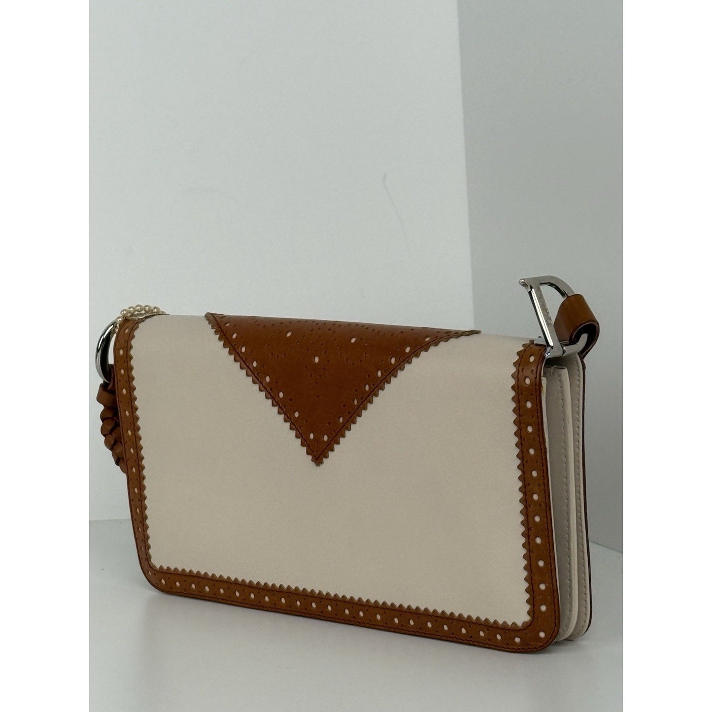 Dior Tan/Off White Brogue Leather Faux Pearl D’Trick Baguette Bag