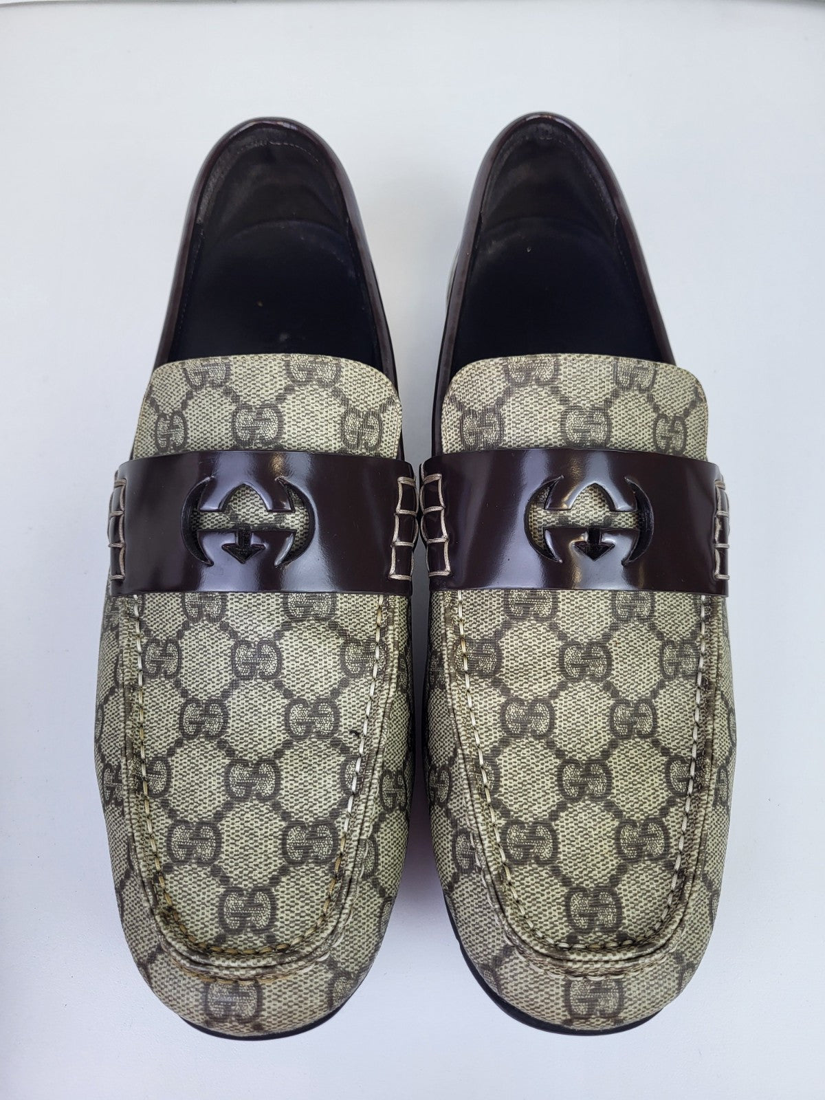 Gucci Supreme Leather Monogram Canvas Loafers Size 8.5