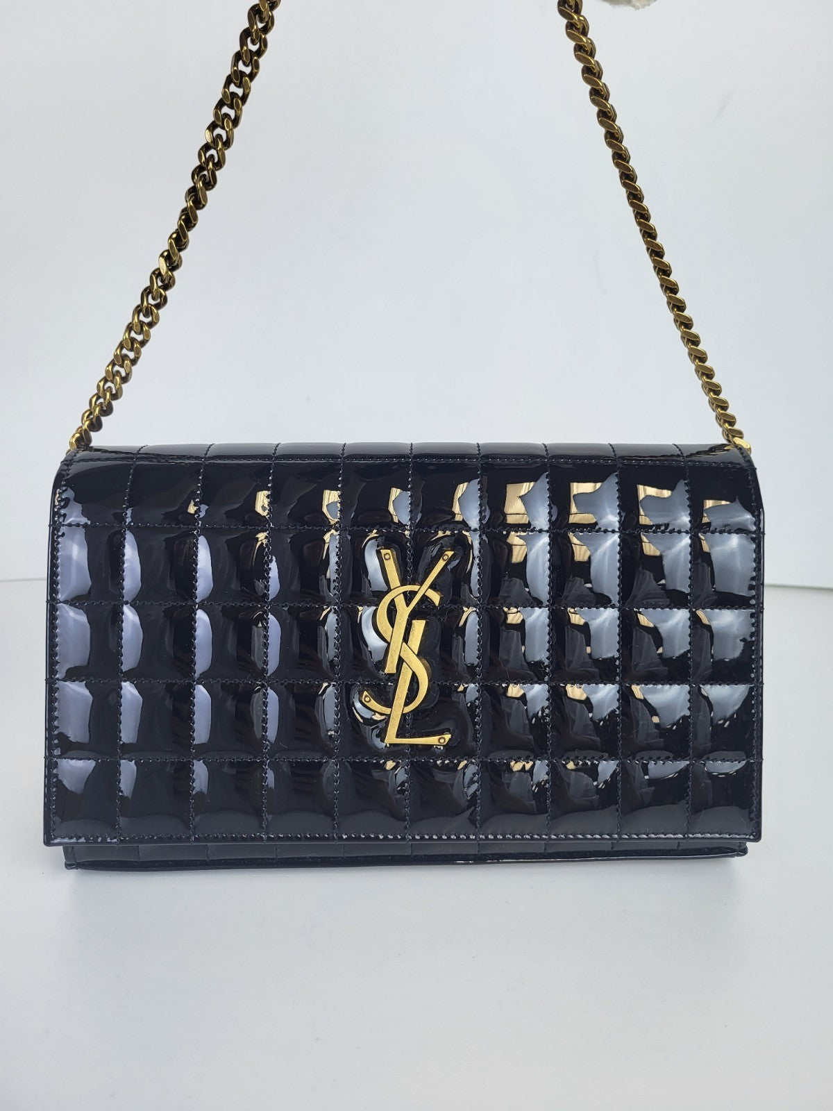 Saint Laurent Cassandre Quilted Patent Leather Envelope Wallet On A Chain