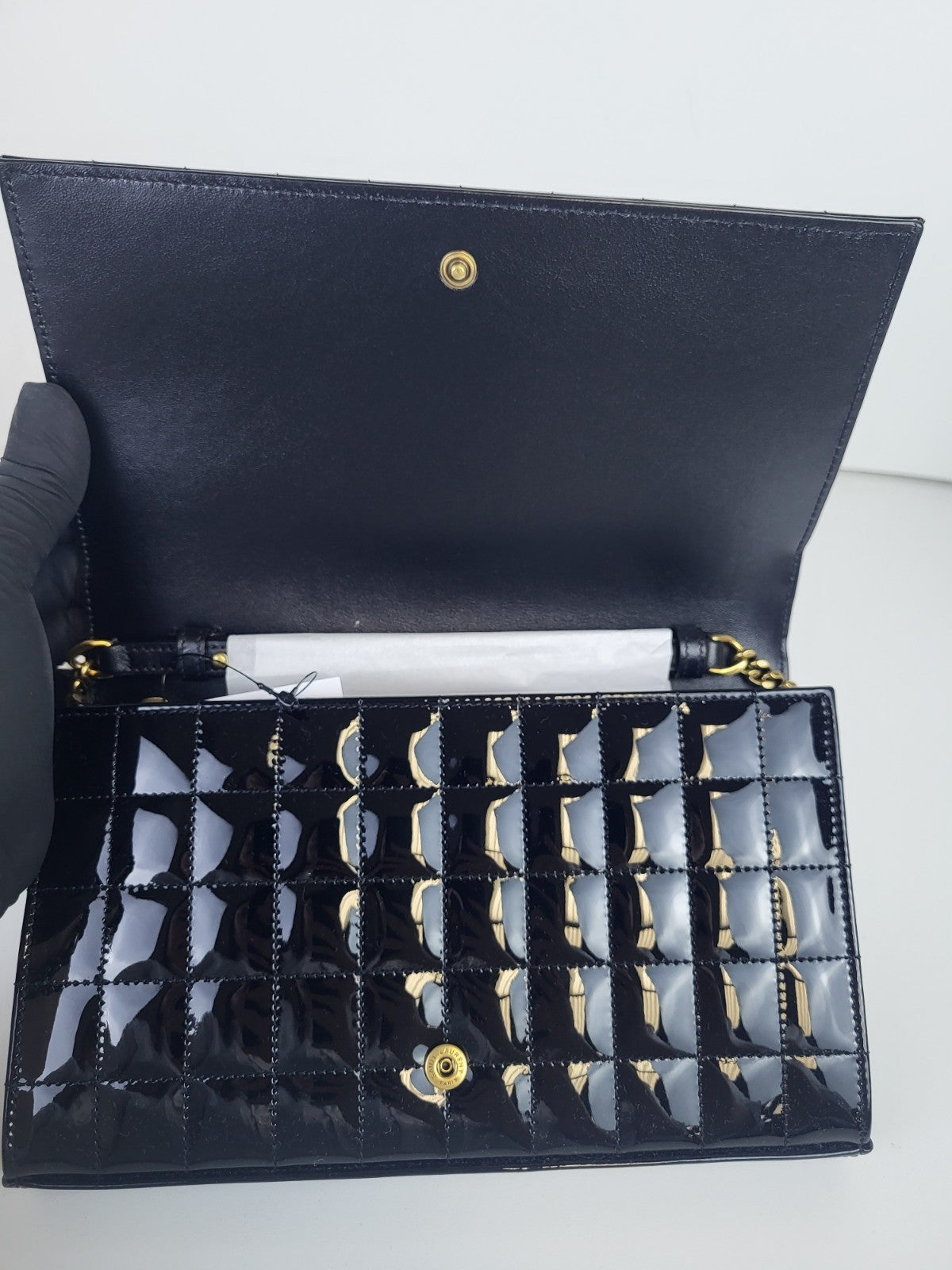 Saint Laurent Cassandre Quilted Patent Leather Envelope Wallet On A Chain