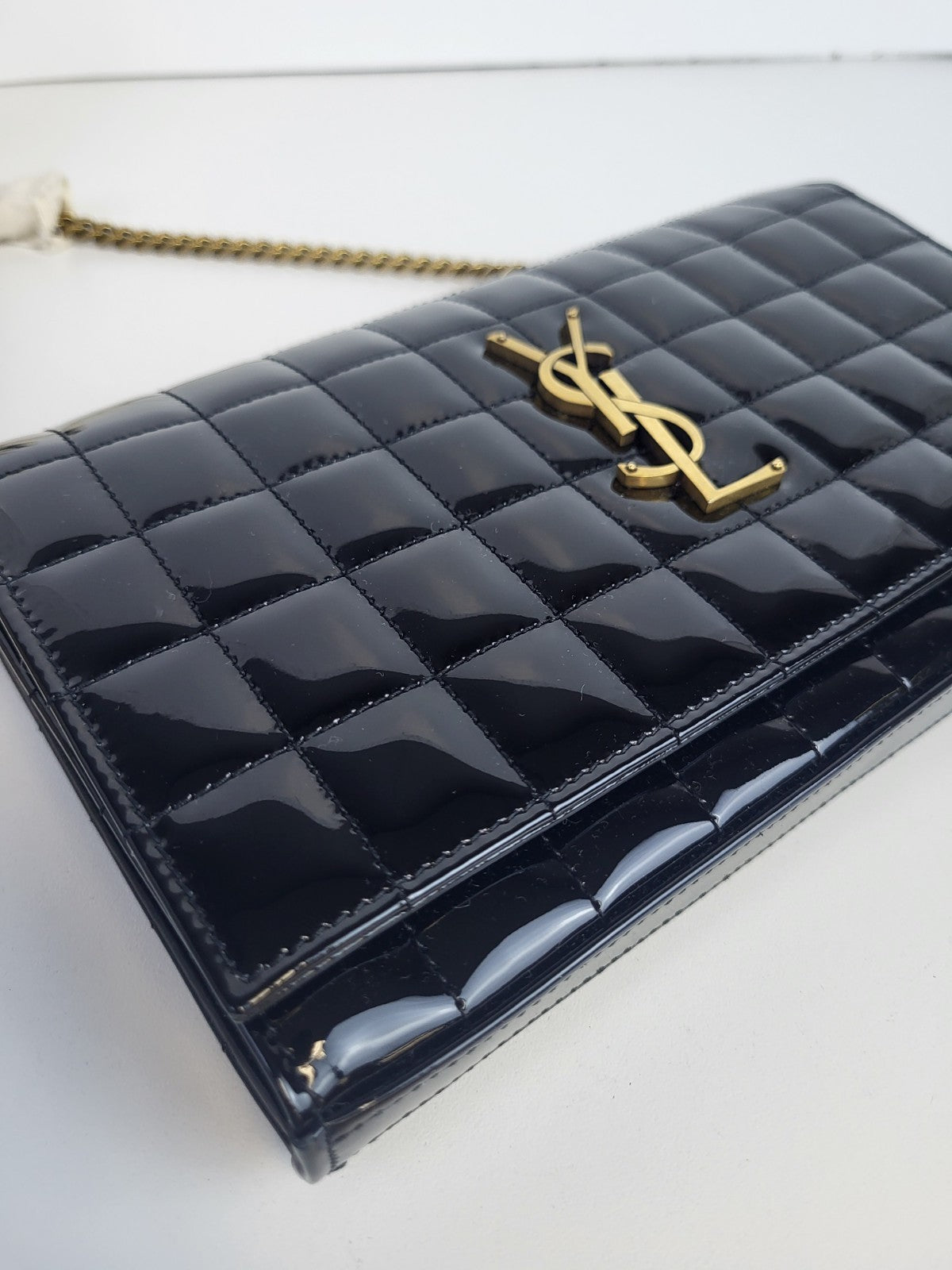 Saint Laurent Cassandre Quilted Patent Leather Envelope Wallet On A Chain