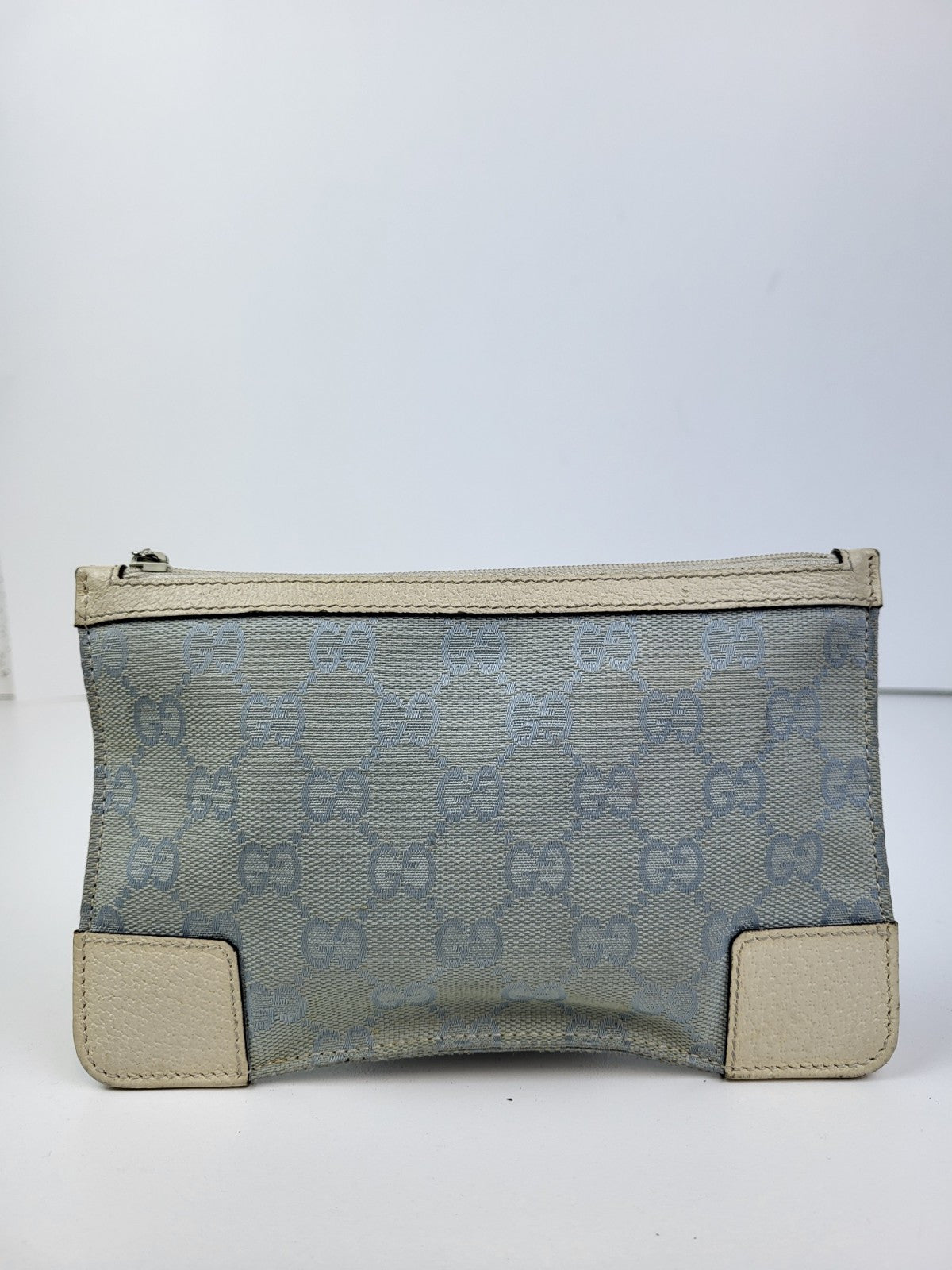 Gucci Ophidia Baby Blue White Leather Small Zip Top Pouch