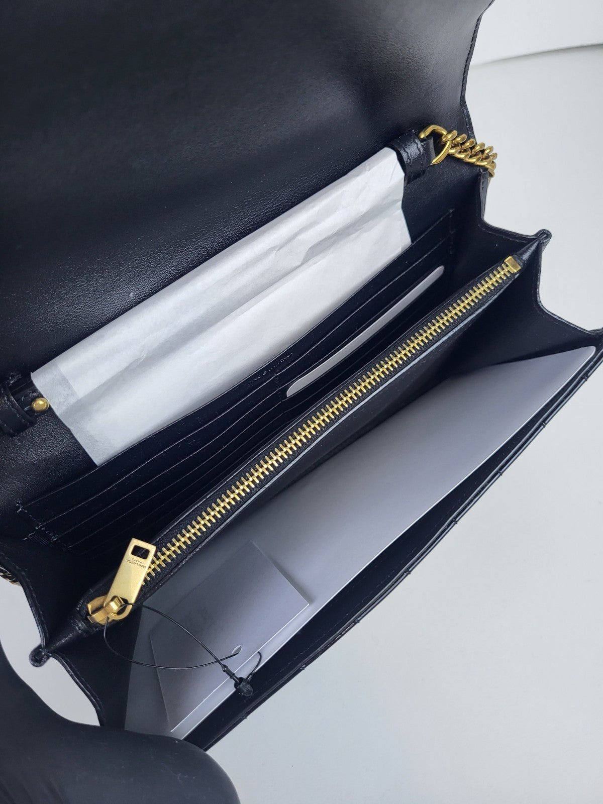 Saint Laurent Cassandre Quilted Patent Leather Envelope Wallet On A Chain