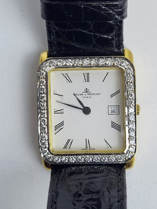 Baum & Mercier Diamond 18k Yellow Gold Ladies Watch 26mm Leather Band