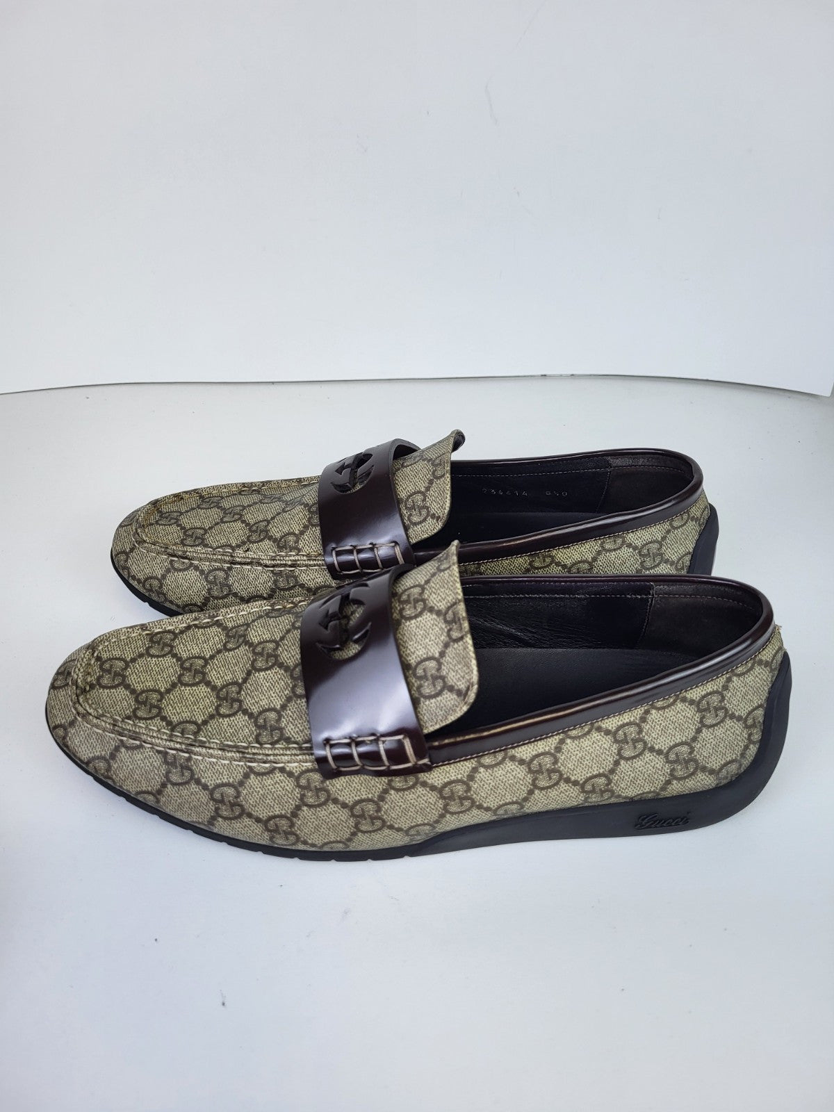 Gucci Supreme Leather Monogram Canvas Loafers Size 8.5