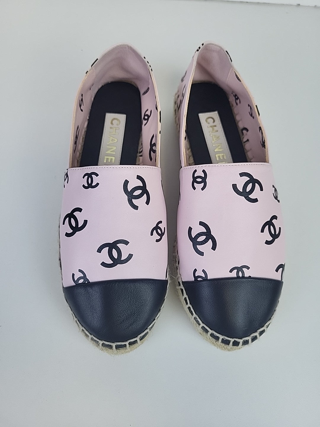 Chanel Lambskin Printed Coco Beach Espadrilles 36 Light Pink Black