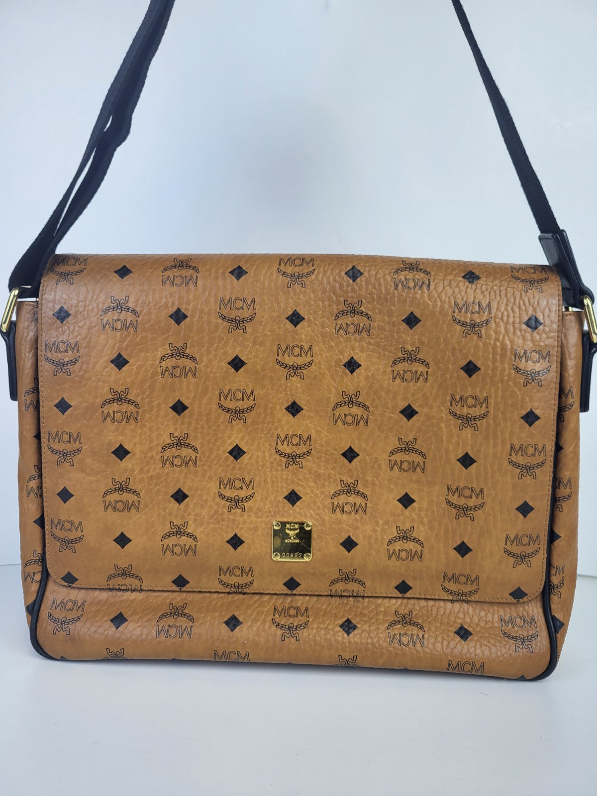 MCM Visetos Klassik Brown Leather Messenger Bag Medium