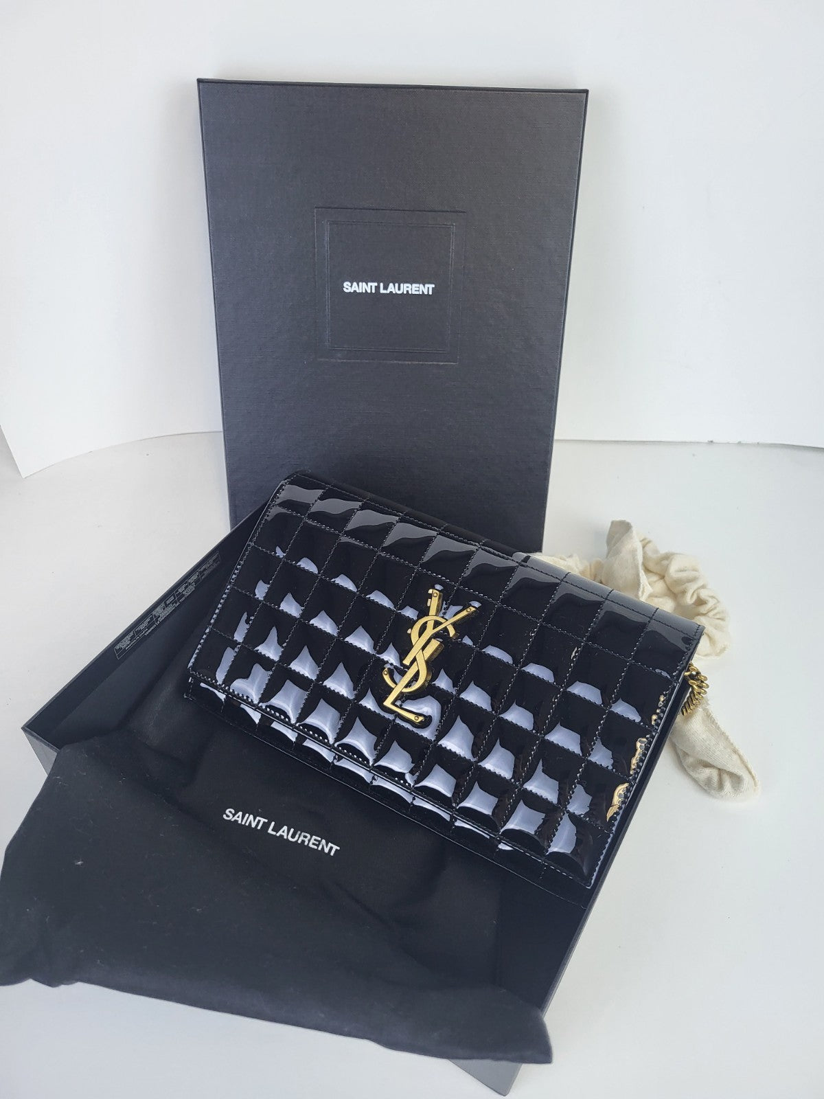 Saint Laurent Cassandre Quilted Patent Leather Envelope Wallet On A Chain