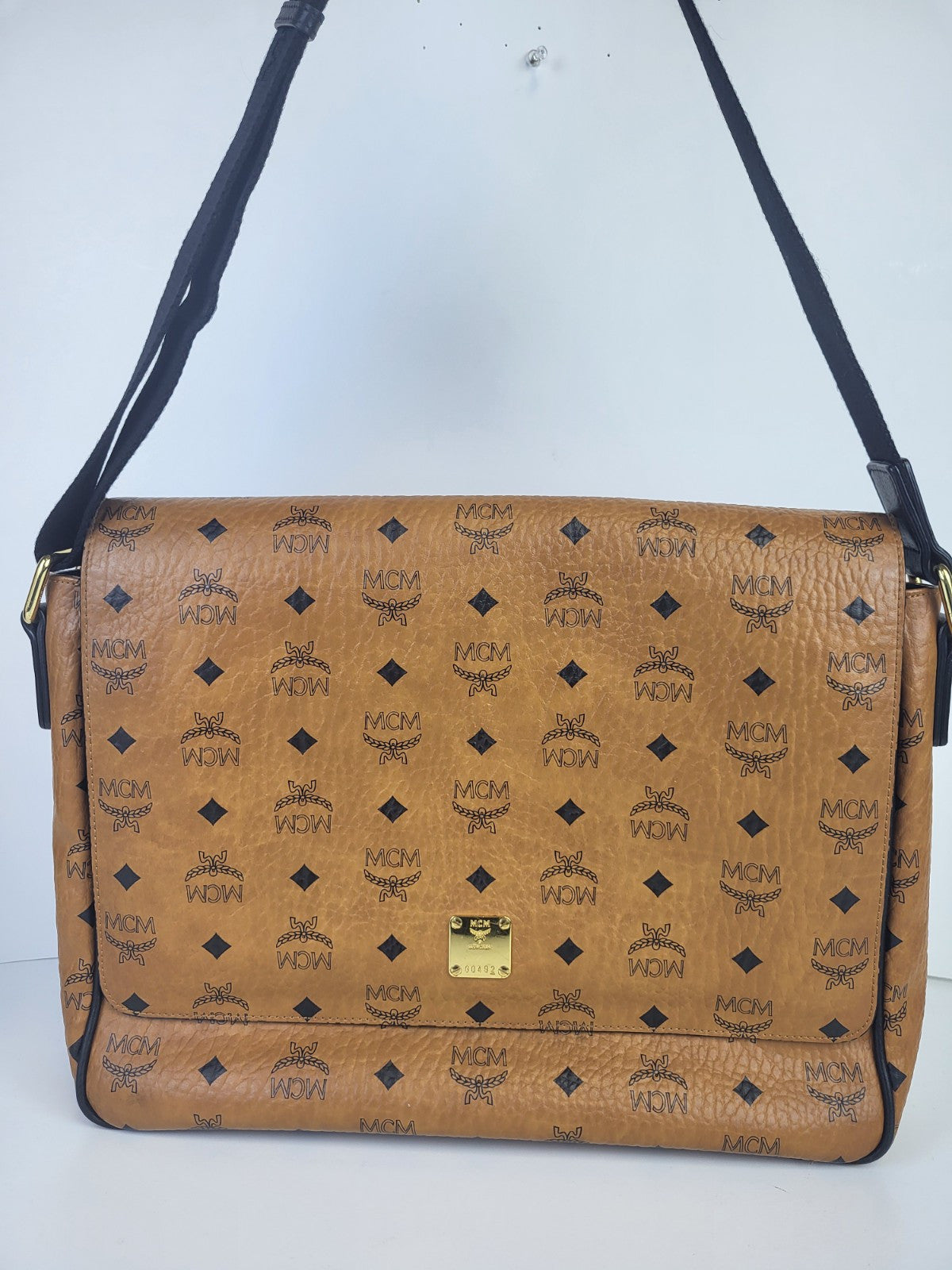 MCM Visetos Klassik Brown Leather Messenger Bag Medium