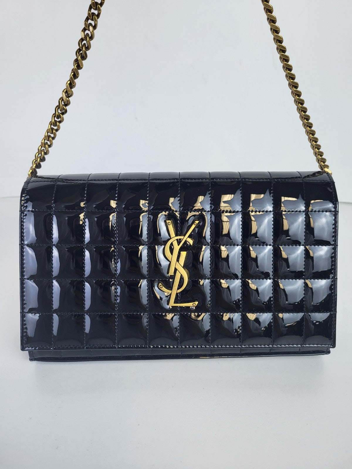 Saint Laurent Cassandre Quilted Patent Leather Envelope Wallet On A Chain
