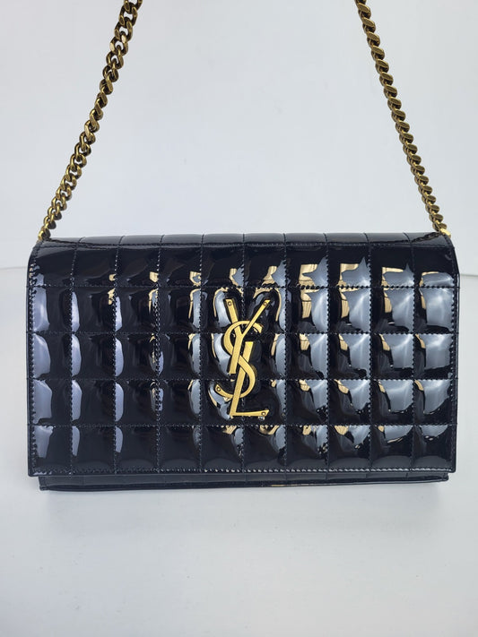 Saint Laurent Cassandre Quilted Patent Leather Envelope Wallet On A Chain