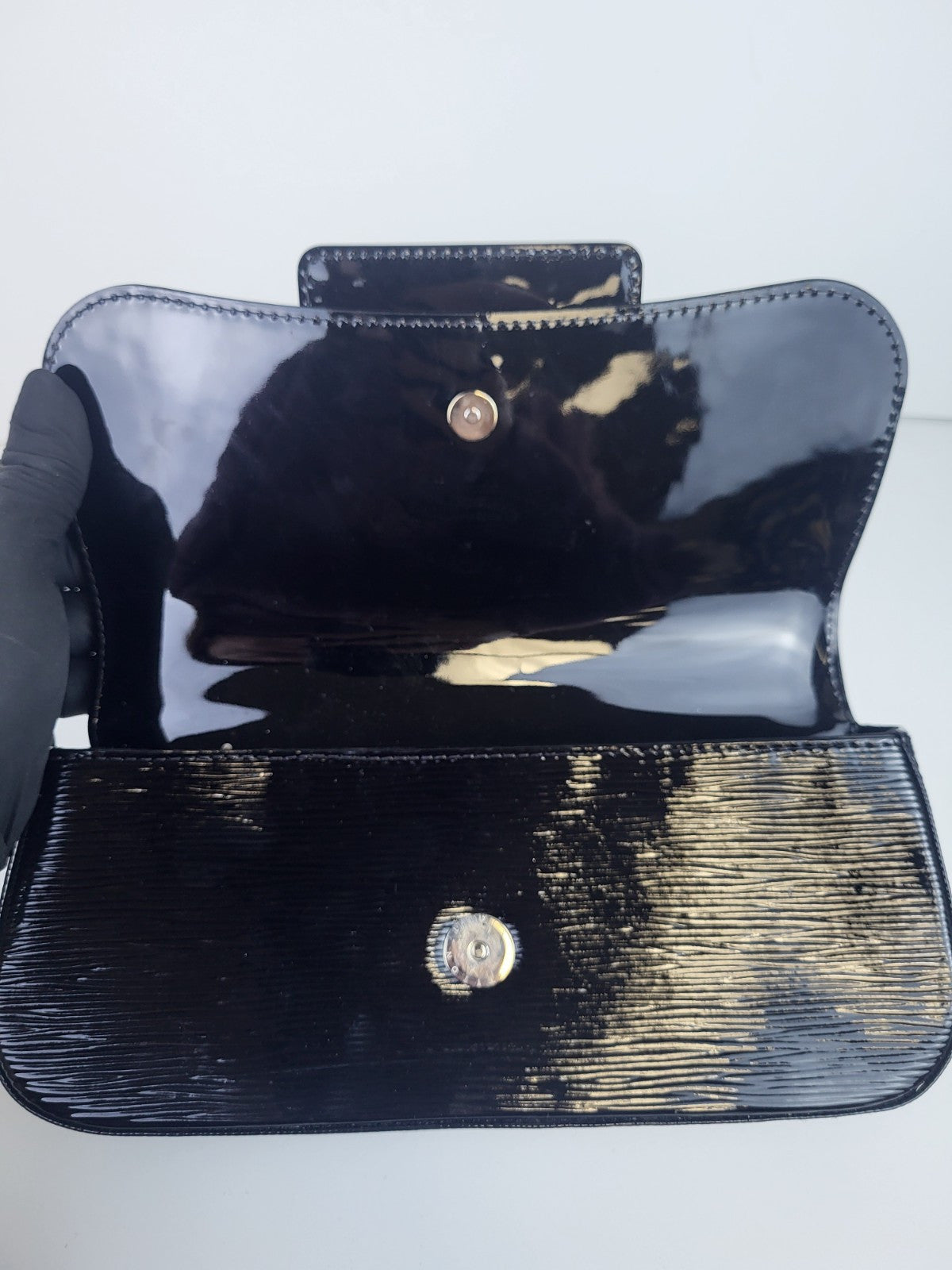 Louis Vuitton Black Patent Leather Silver LV Epi Sobe Clutch Flap Bag