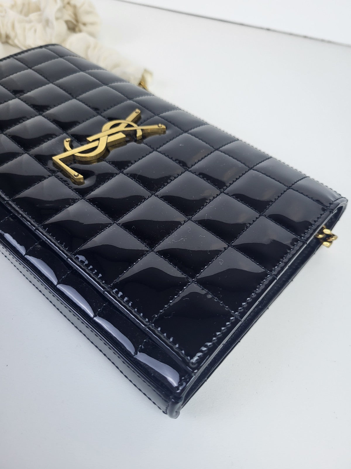 Saint Laurent Cassandre Quilted Patent Leather Envelope Wallet On A Chain
