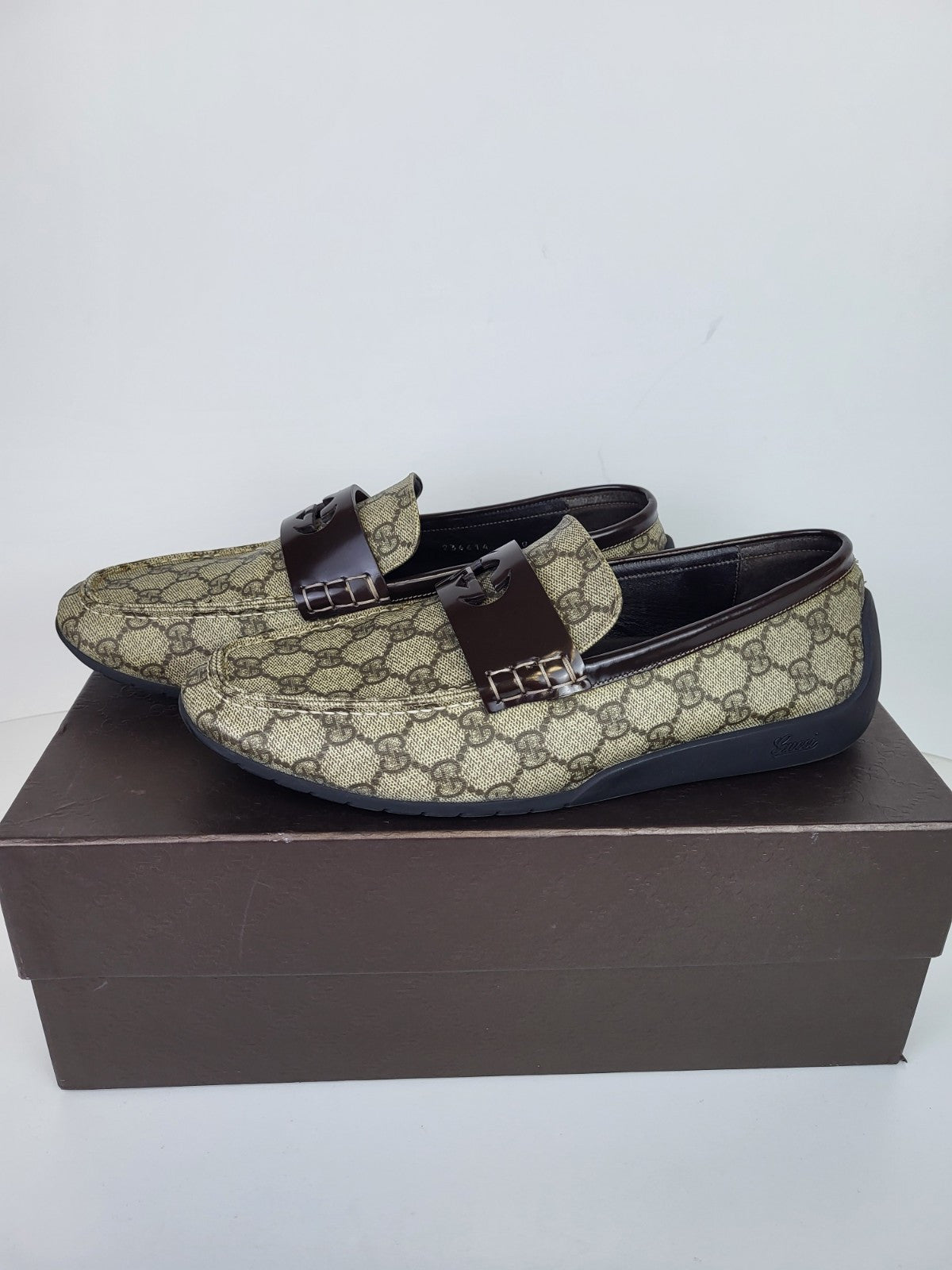 Gucci Supreme Leather Monogram Canvas Loafers Size 8.5