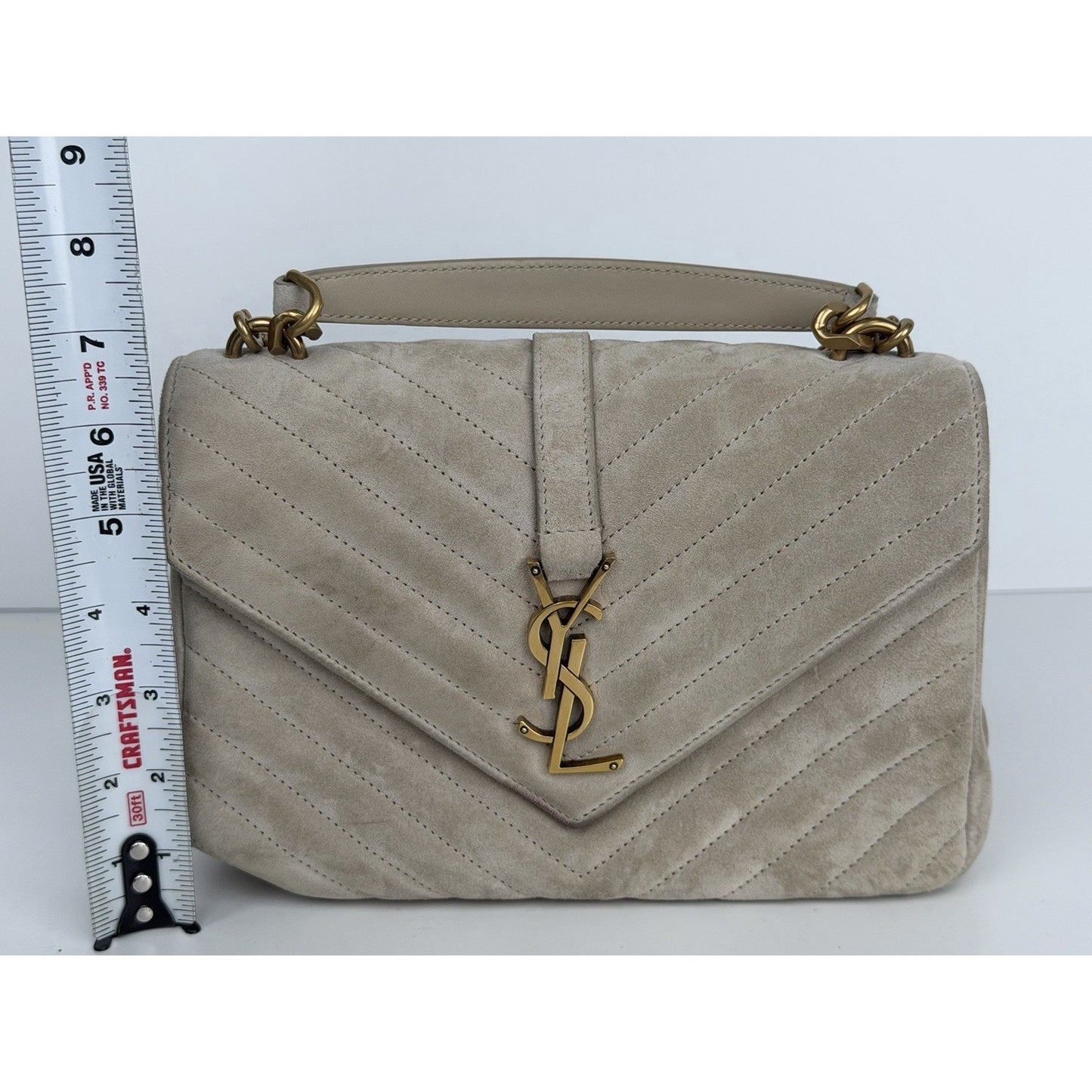 Saint Laurent Medium College Bag in Quilted Taupe Suede S10