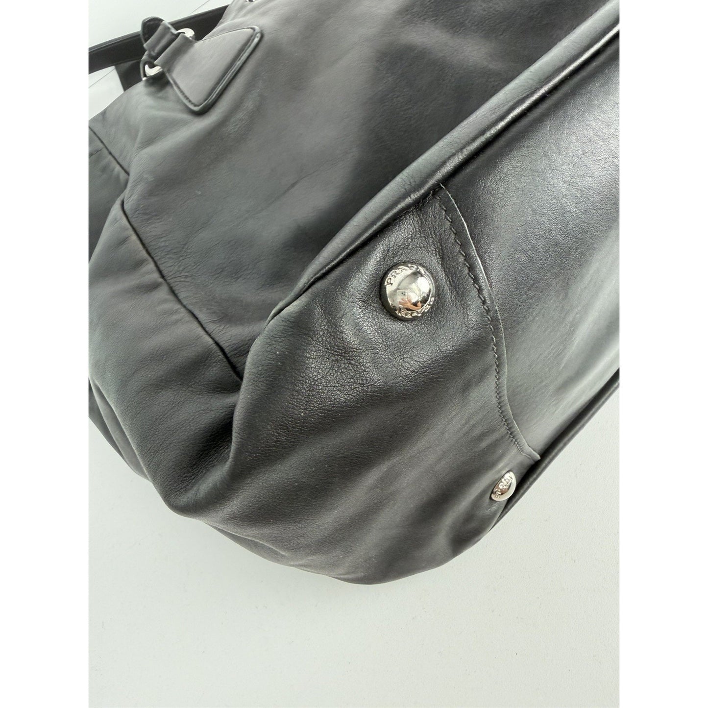 Prada Buckle L Bowler Two-Way Shoulder Bag in Black Soft Calfskin Leather S-07