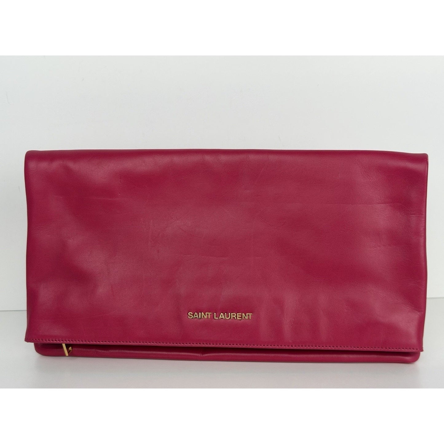 Saint Laurent Pouch Folding Flap Clutch Bag in Fuchsia Leather S13