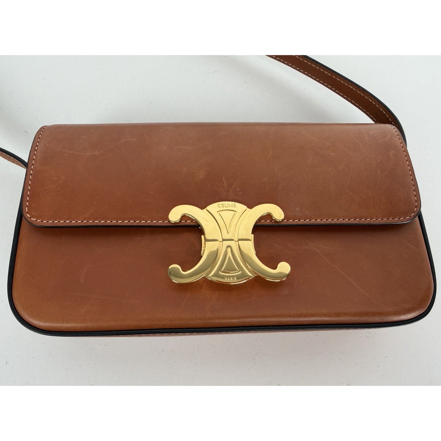 Celine Triomphe Claude Shoulder Bag in Natural Calfskin Leather Gold Hardware C5