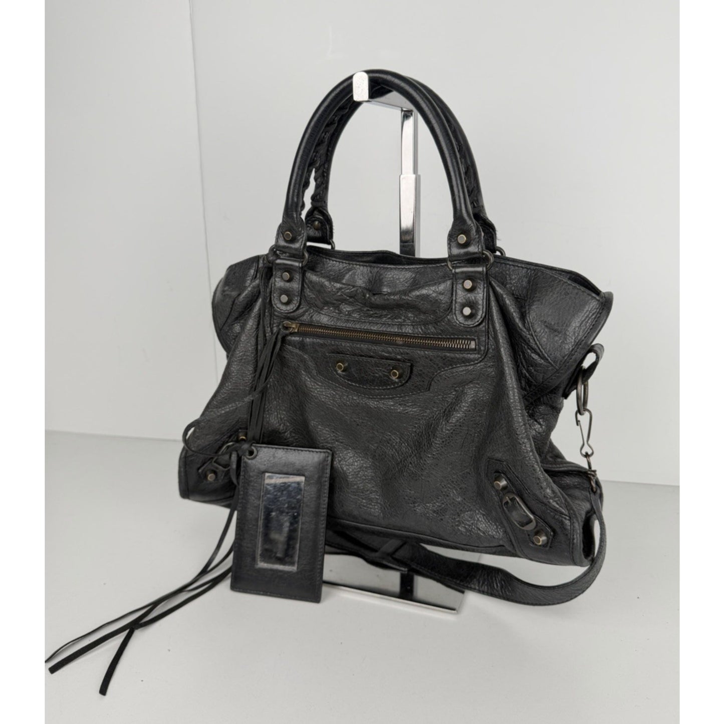 Balenciaga Classic The City Studded Handbag Medium in Dark Gray Leather S07