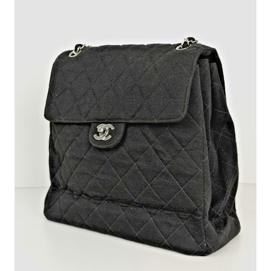 Chanel Black Cotton Two Side Flap Quilted Shoulder Bag Interlocking CC 1996-1997