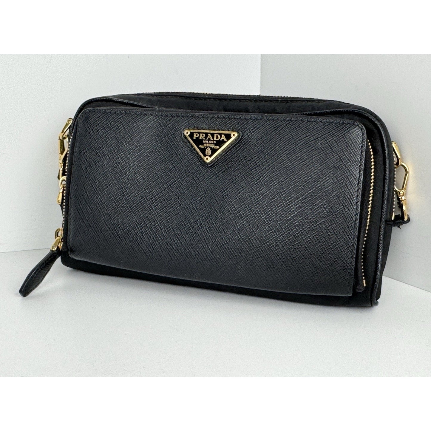 Prada Saffiano Leather Mini Double Zip Crossbody Black B-6