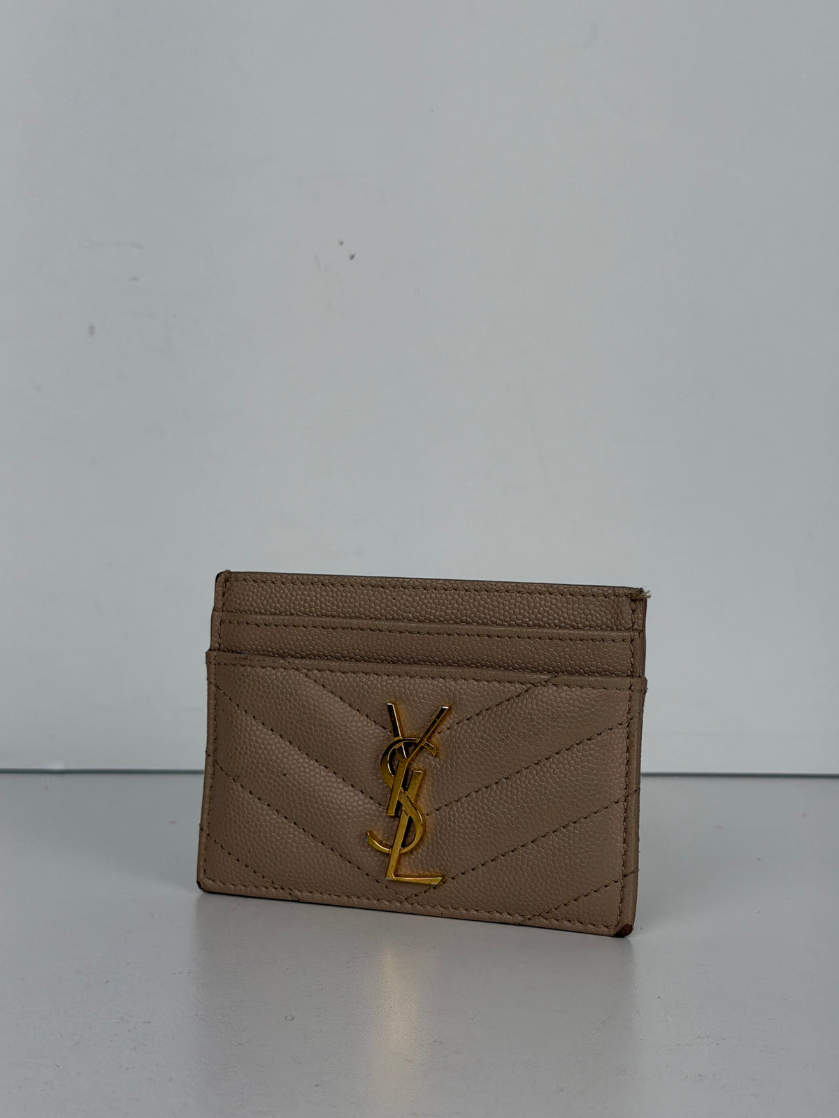 Saint Laurent Cassandre Matelasse Card Case in Beige Grain De Poudre Leather K-3