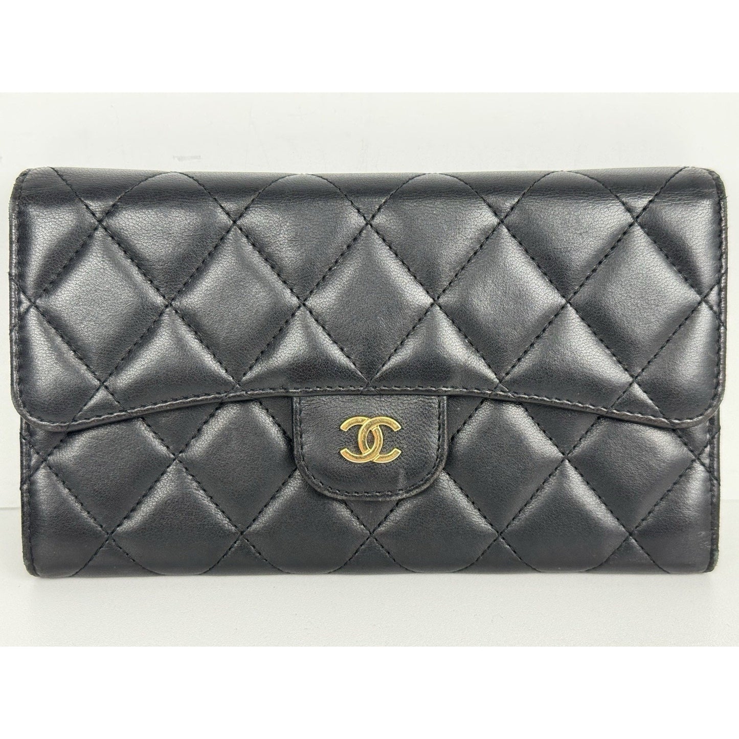 Chanel Large Flap Wallet in Black Diamond Quilted Lambskin w Gold Hardware B-9