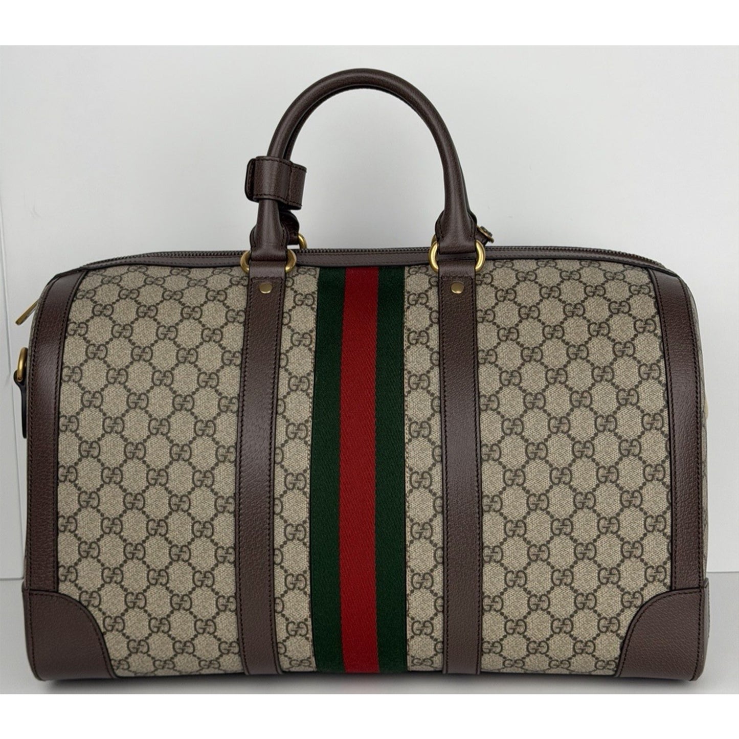 Gucci Savoy Medium Duffle Bag GG Supreme Canvas Brown Leather Trim