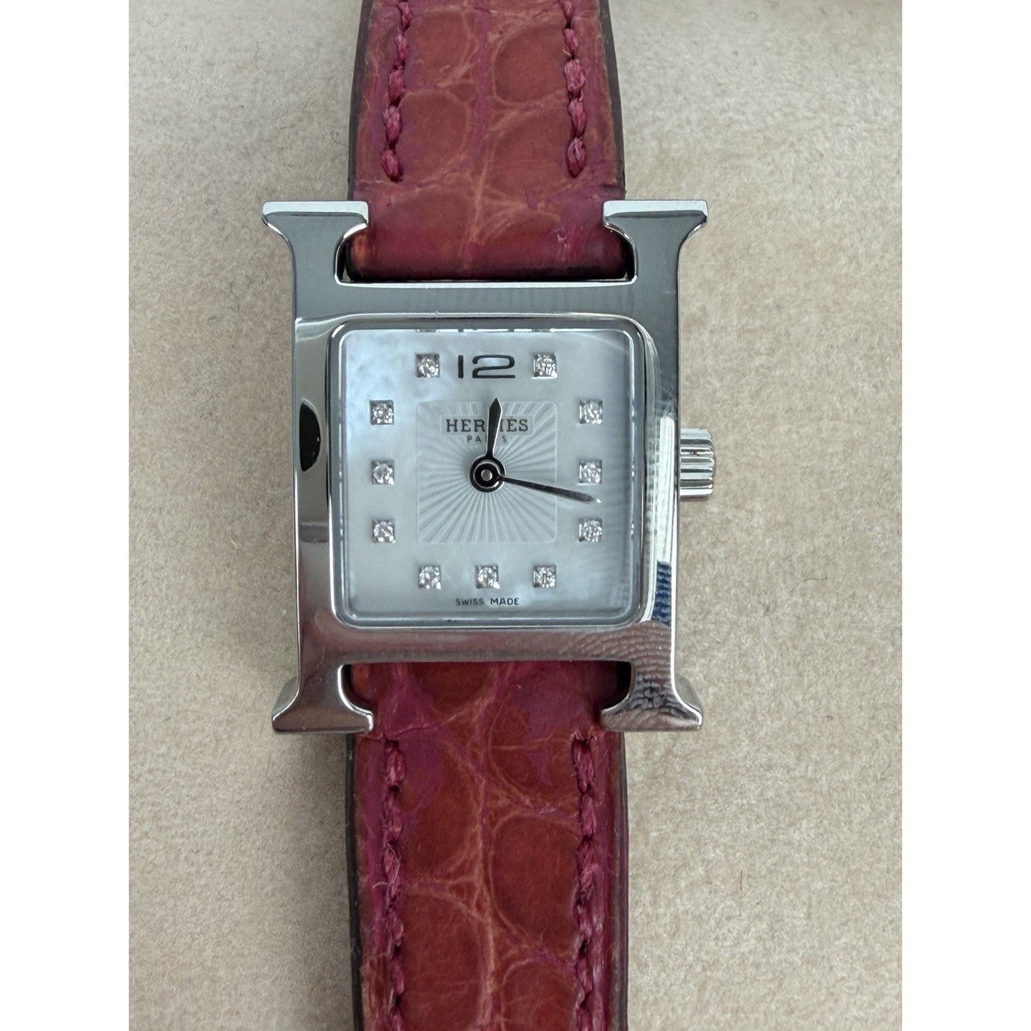 Hermes Heure H Watch Mother-of-Pearl Dial & Pink Alligator Leather Strap 2013