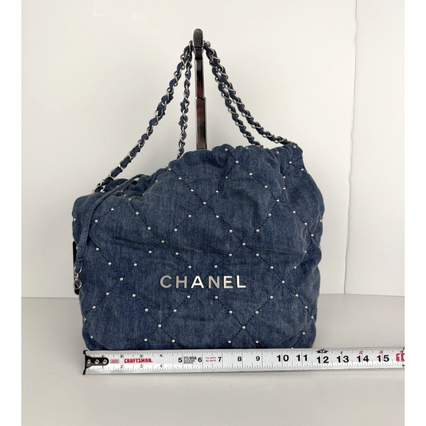 Chanel 22 Small Shoulder Hobo Bag in Denim With Studs and With a Pouch NFC E-3