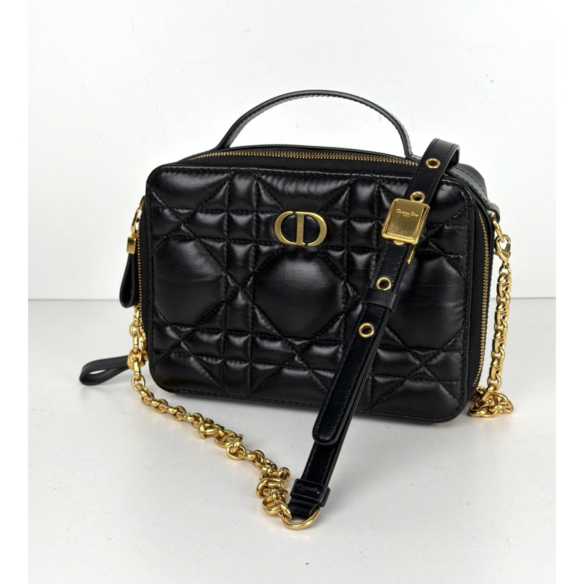 Christian Dior Caro Box Shoulder Bag in Black Quilted Macrocannage Leather E2
