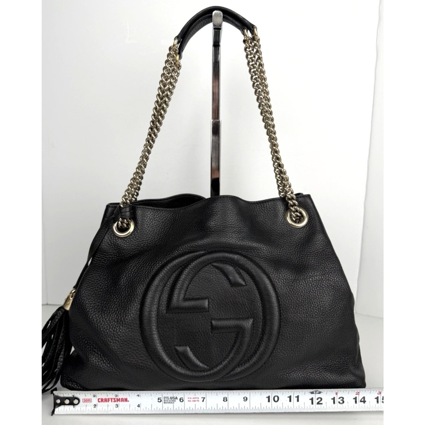 Gucci Soho Chain Shoulder Medium Bag in Black Pebbled Leather with Tassel S-06