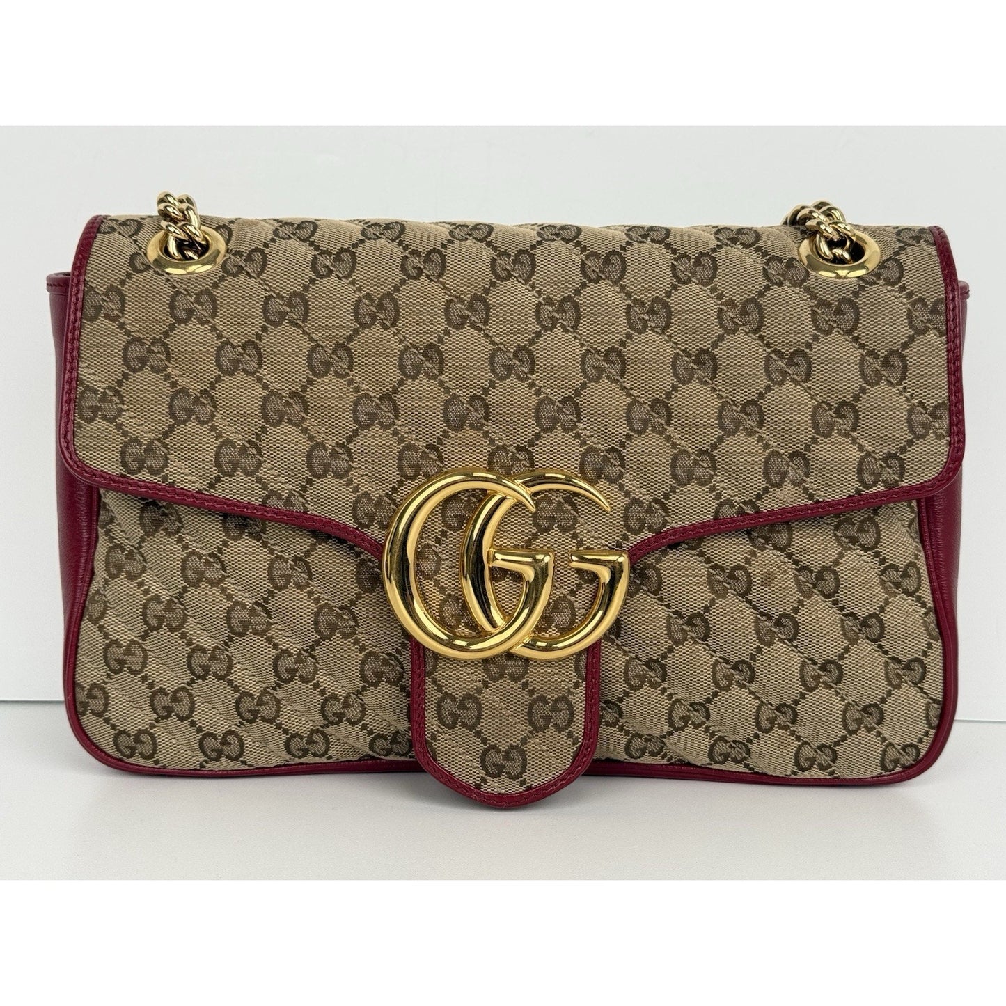 Gucci GG Marmont Monogram Matelassé Diagonal Shoulder Bag Beige and Red