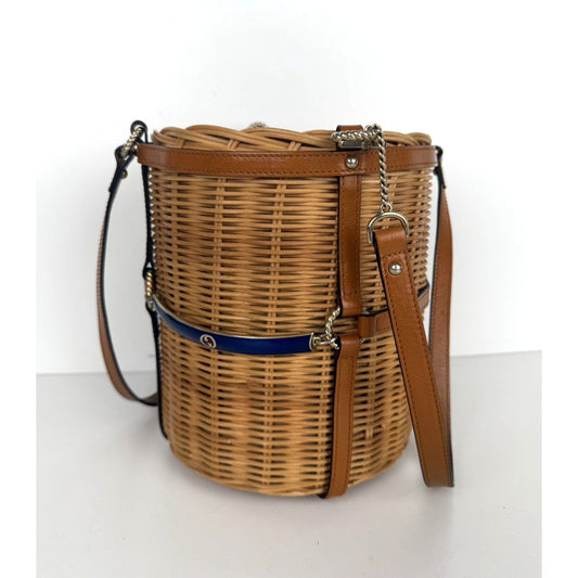 Gucci Cestino Bucket Top Handle Bag Small in Brown Wicker S-20