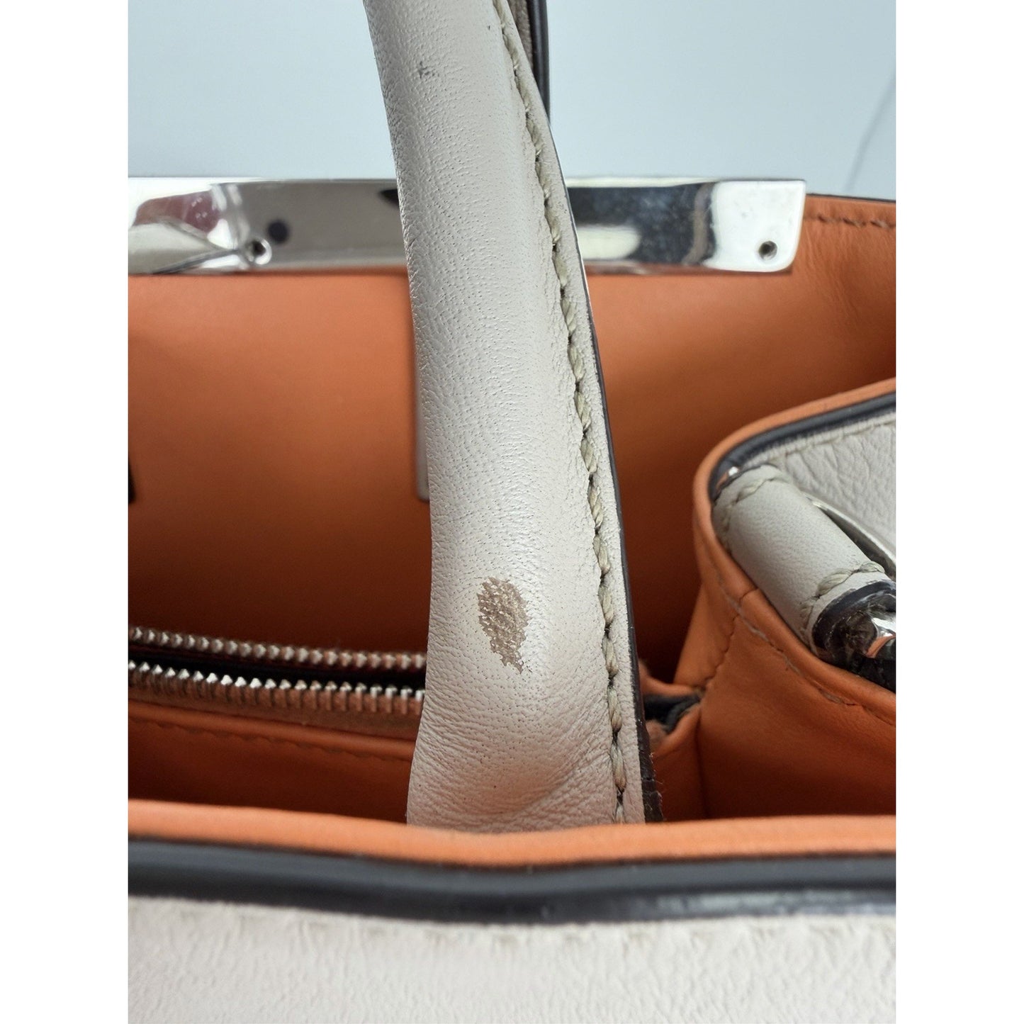Fendi Petite 2Jours Tote Bag Neutral Gray Leather & Orange Leather Lining S