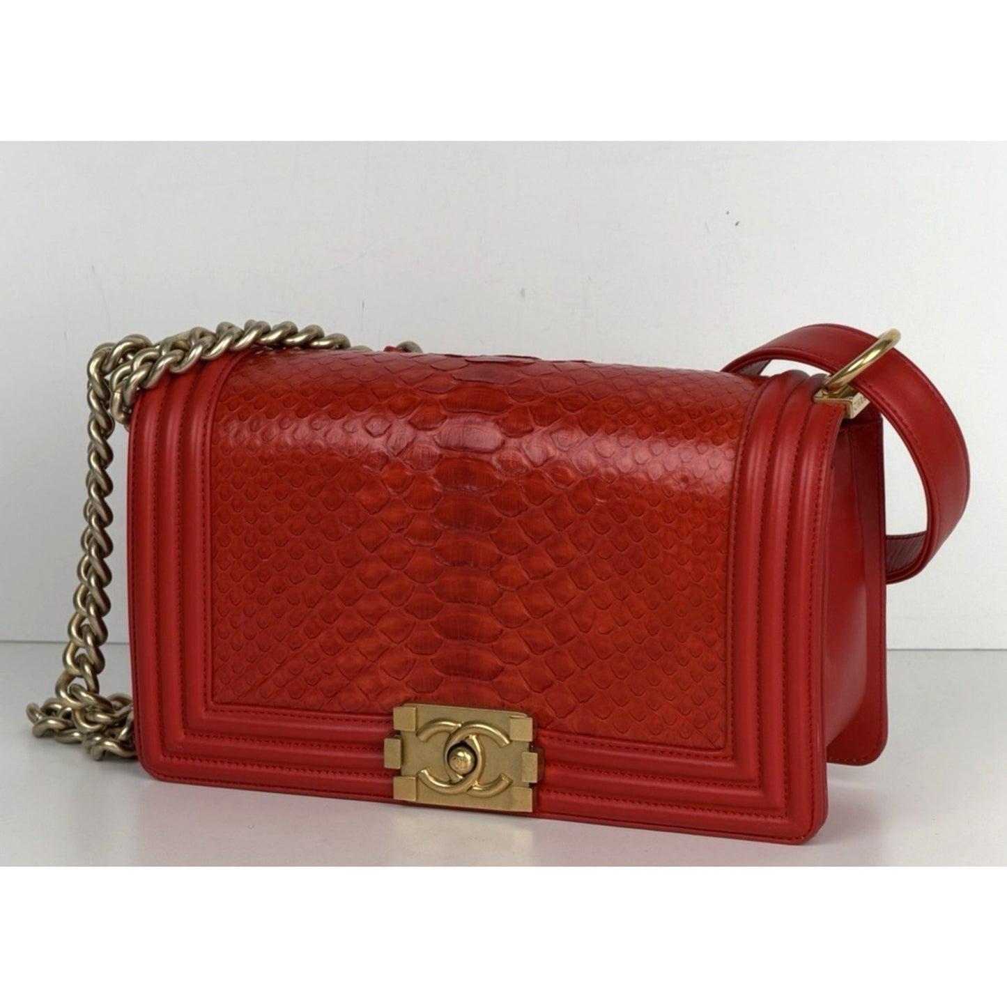 LAYAWAY: CHANEL Python Boy Bag Medium Red Leather Brushed Gold Hardware 2014 B4