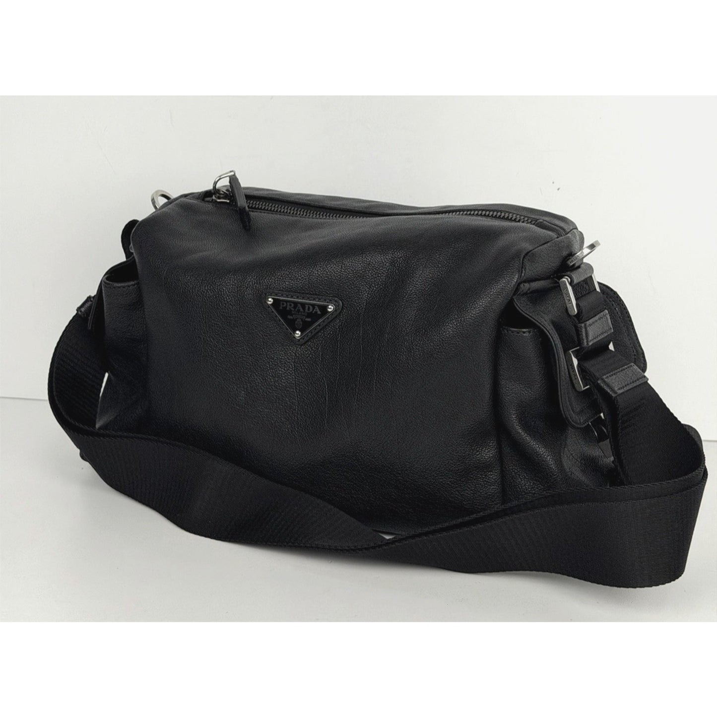 Prada Explore Leather Zip Messenger Bag in Black for Man Silver-Tone Hardware E4