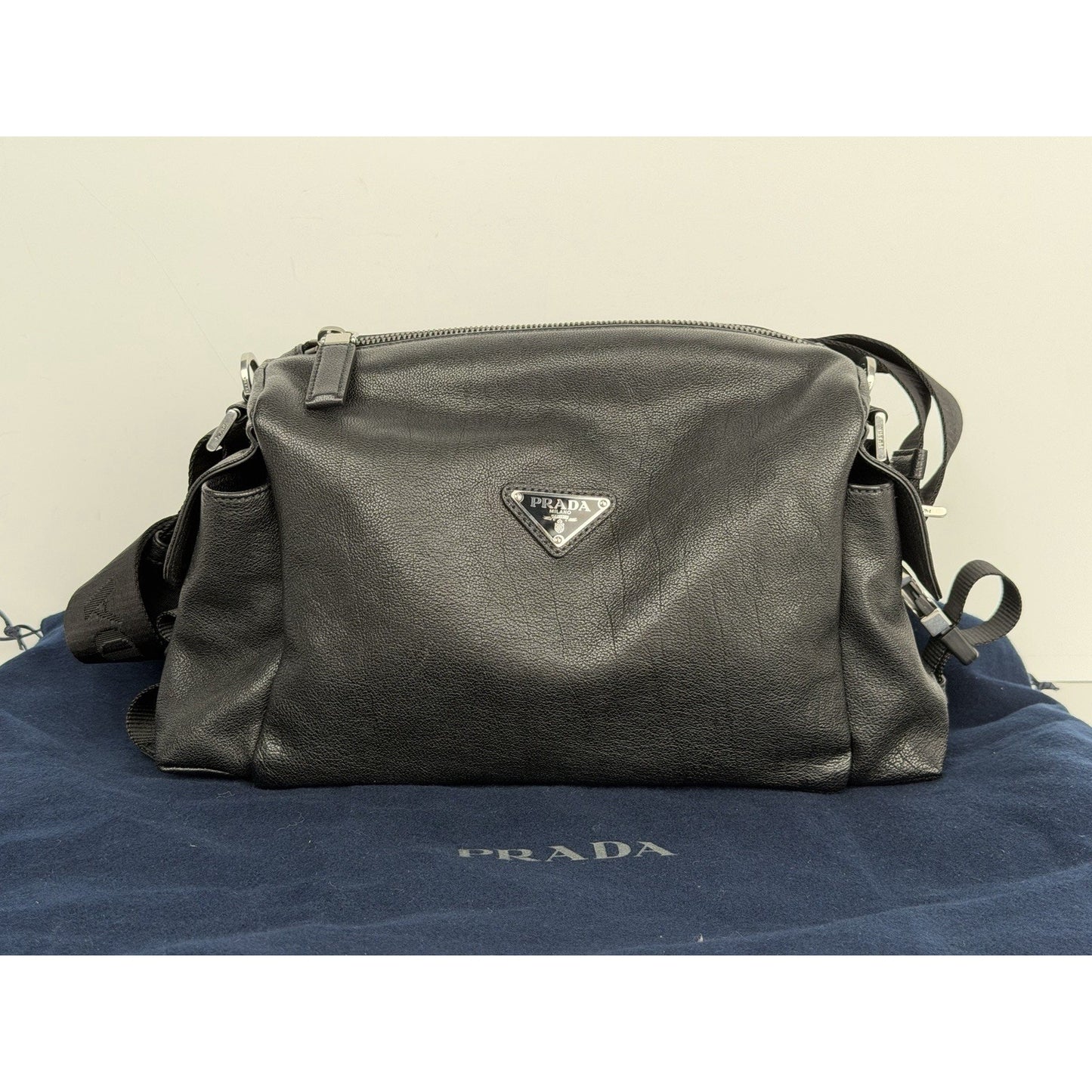 Prada Explore Leather Zip Messenger Bag in Black for Man Silver-Tone Hardware E4