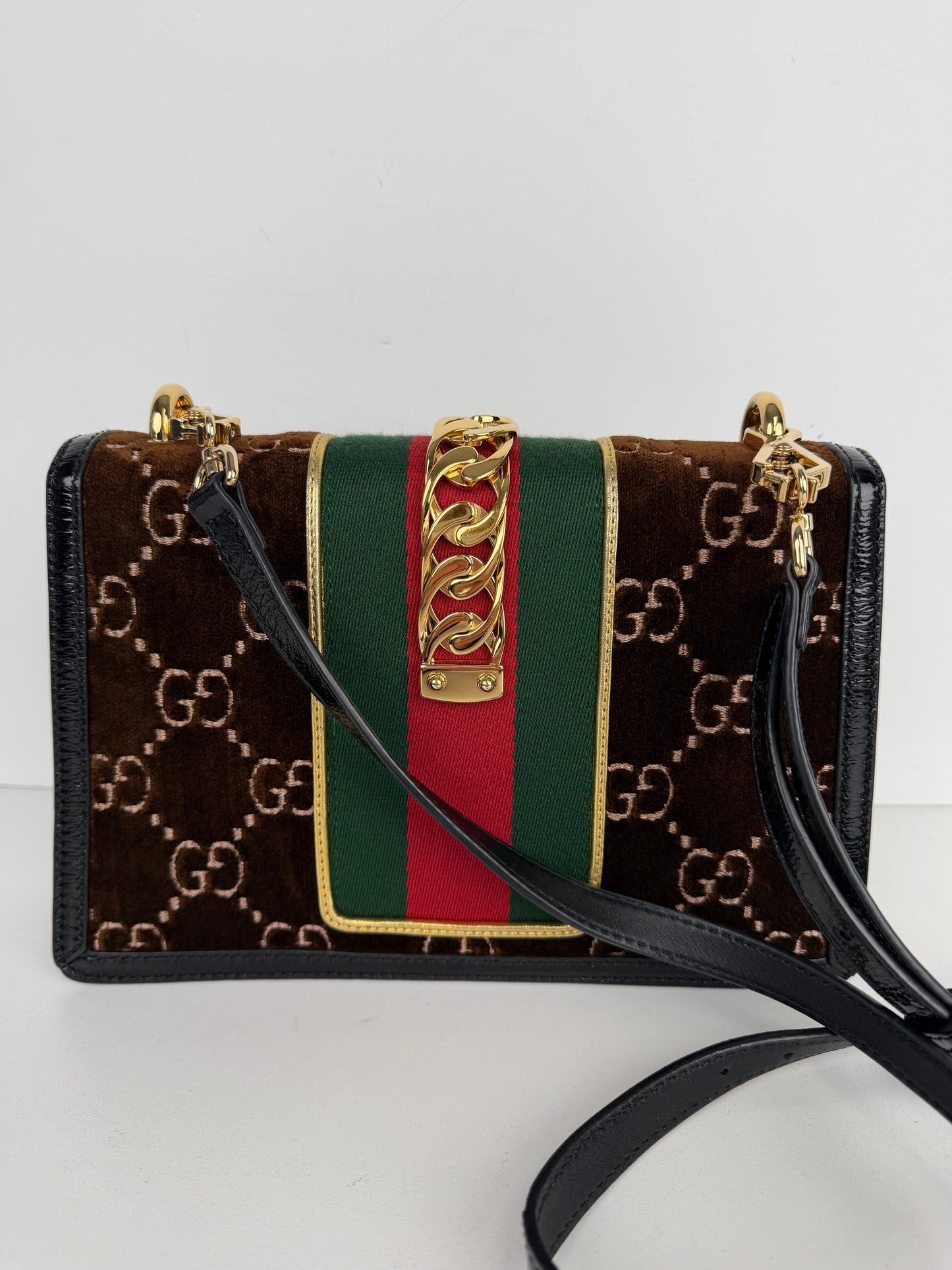 Gucci Sylvie Small Crossbody Bag in Brown GG Velvet with Web S-07