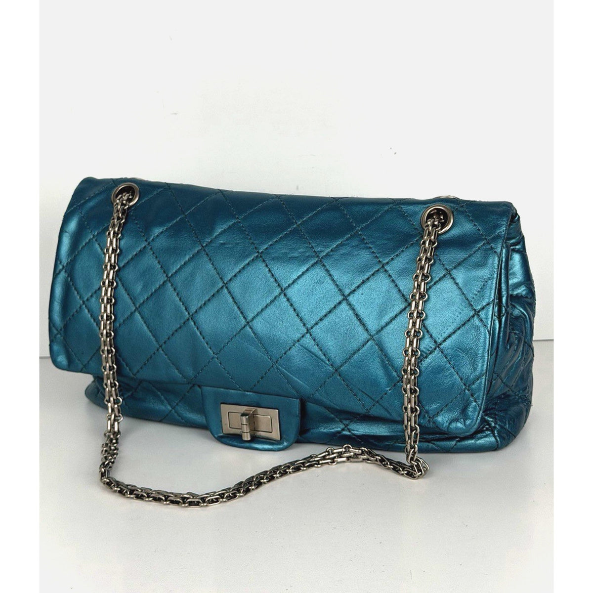 Chanel 2.55 Reissue Jumbo Double Flap Bag in Blue Metallic Leather 2003-2004 C-1