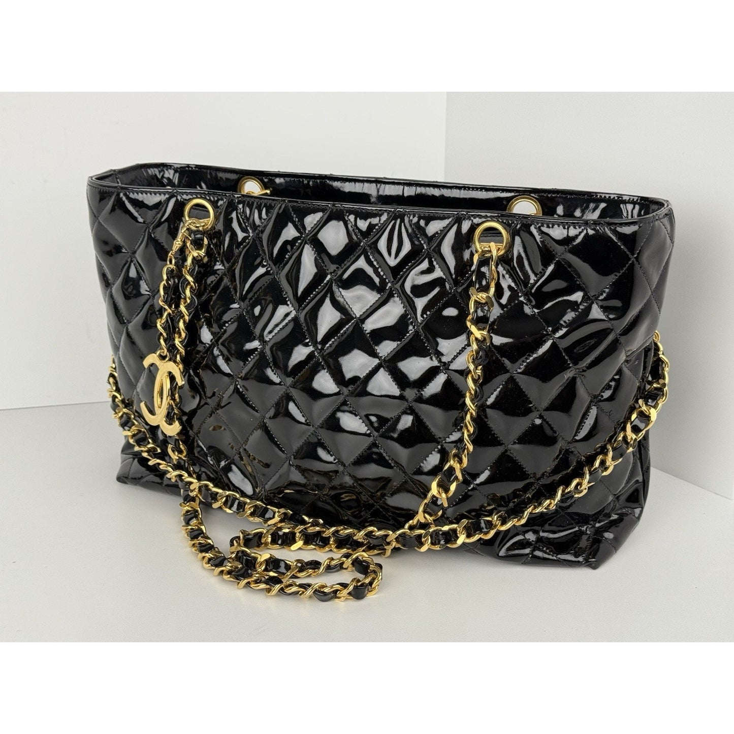 CHANEL Vintage CC Charm Quilted Patent Leather Tote Bag